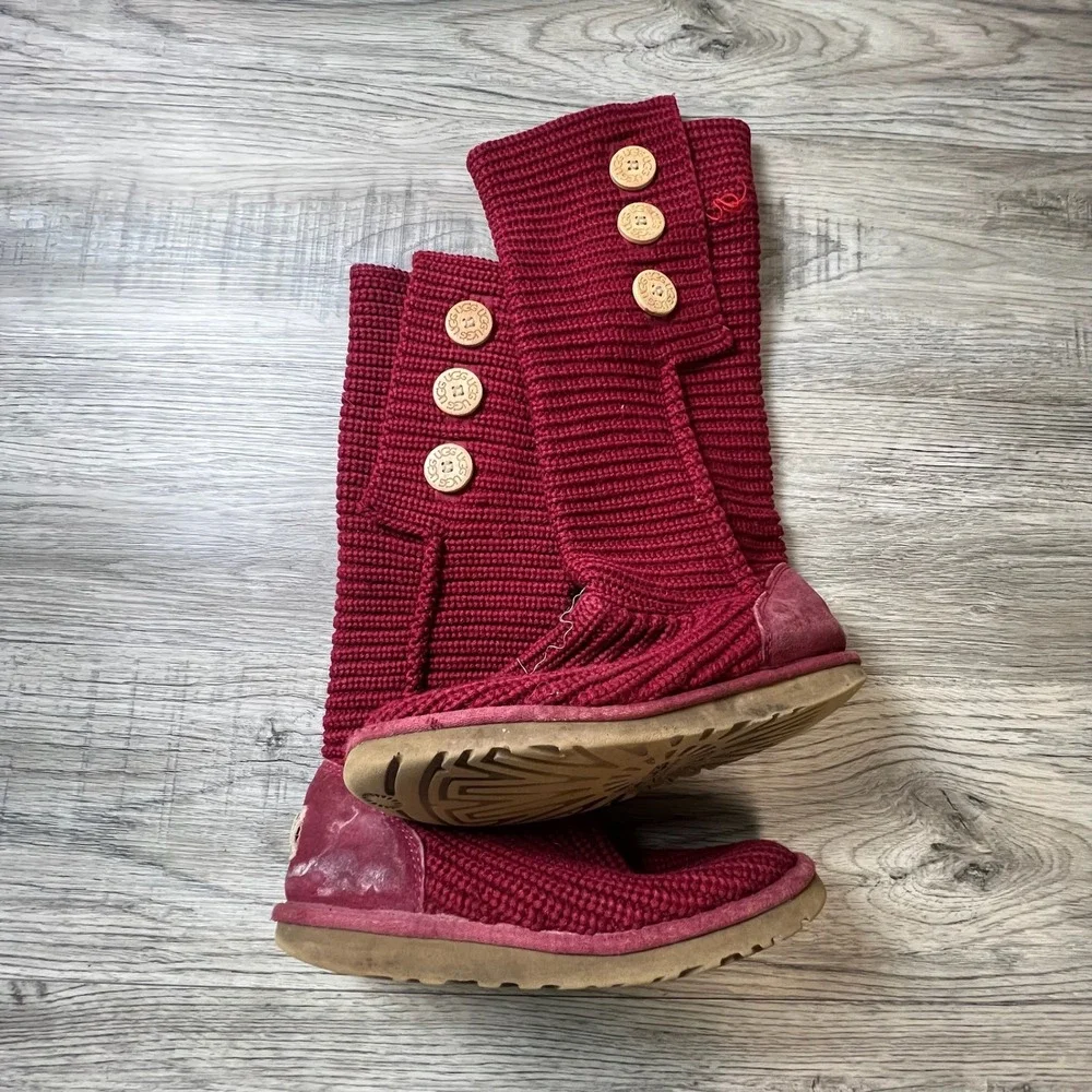 UGG Lattice Cardy Boots Womens 8 Burgundy Red Knit‎ 3-Button Tall 5819